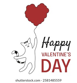 Simple Minimal happy Valentine's Day greeting Poster cover template design. Whimsical cat on air Balloon. Looney Valentine template design t-shirt print. Vector illustration. EPS 10