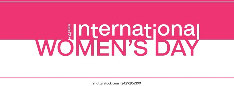 Simple Minimal Happy Womens Day Pink Text Typography greetings on pink and white background. 8th March International Women's Day Greeting Card, Cover Design, Banner Template. Vector Illustration