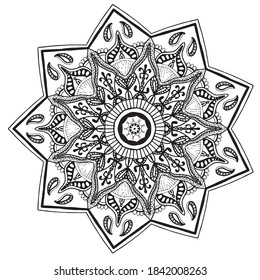 Simple minimal hypnotic bohemian hand drawn black ink mandala icon for coloring illustration vector design element isolated on a white background