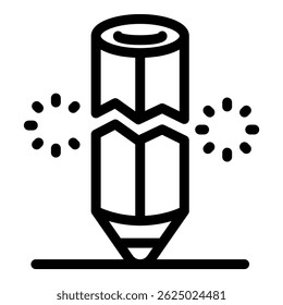 Simple and minimal icon of a broken pencil touching a surface, emitting sparks, representing creative block or frustration