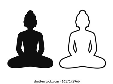 Simple and minimal icon of Buddha statue sitting in lotus pose. Black and white silhouette and line art drawing, isolated vector symbol. Mindfulness and meditation clip art illustration.