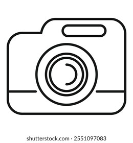 Simple, minimal line art icon of a camera with a large lens taking a photo