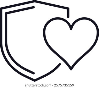 Simple and minimal line art icon featuring a shield safeguarding a heart, symbolizing health insurance, healthcare, love, and protection for individuals and families