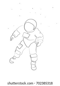 A Simple, Minimal Line Drawing With an Astronaut in Space Floating Around the Background of Stars in Outer Space.