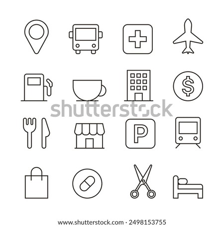 Simple and minimal line icon set with map concept. Bus stop, hospital, pharmacy, airport, gas station, cafe, bank, restaurant, supermarket, parking, subway, beauty salon, accommodation, hotel.