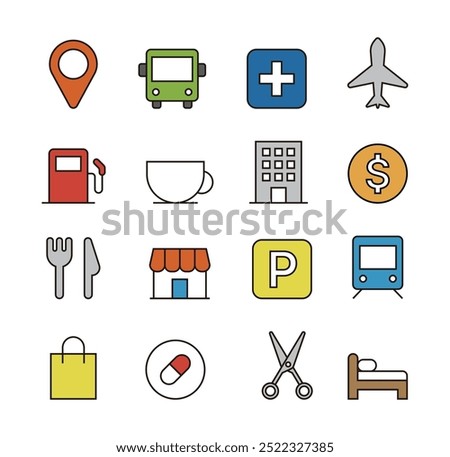 Simple and minimal line icon set with map concept. Bus stop, hospital, pharmacy, airport, gas station, cafe, bank, restaurant, supermarket, parking, subway, beauty salon, accommodation, hotel.