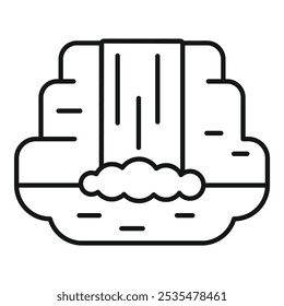 Einfaches und minimales Liniensymbol eines Wasserfalls, der sich in einen Fluss ergießt, perfekt für die Darstellung von Natur, Reisen und Outdoor-Abenteuern