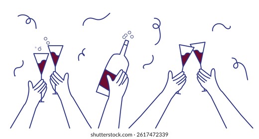Simple Minimal Linear Style Cartoon Hands Toasting with Wine and Champagne Glasses Vector Illustration - Cheers to Celebration and Party Design
