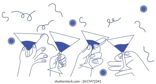 
Simple Minimal Linear Style Cartoon Hands Holding Wine Glasses Vector Illustration - Celebration and Party Invitation Design