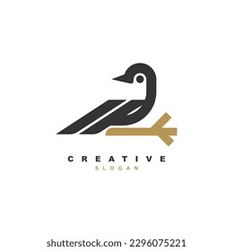 Simple minimal little bird with tree branch logo design