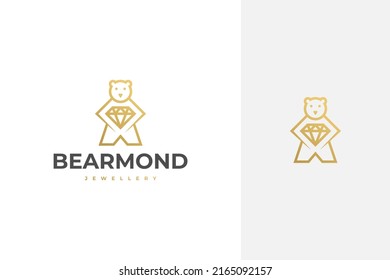 simple minimal luxury elegant bear holding a diamond, jewellery vector logo design in outline, line art style