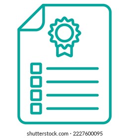 Simple minimal modern certificate icon with list and seal. Vector blue outline pictogram isolated on transparent background