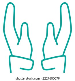 Simple minimal modern line icon of two male hands holding blank copy space. Vector blue outline pictogram isolated on transparent background