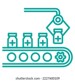 Un simple ícono de línea minimalista y moderno de equipo robótico para la fabricación de medicamentos. Pictograma de contorno azul del vector aislado en fondo transparente