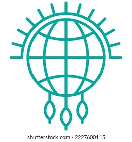 Simple minimal modern line icon of native ethnic dreamcatcher symbol with a globe, feathers and sun rays. Vector blue outline pictogram isolated on transparent background