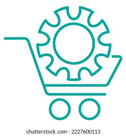 Simple minimal modern line shopping cart icon with gear inside. Vector blue outline pictogram isolated on transparent background