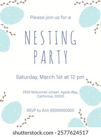 Simple Minimal Nesting Party poster cover template design. Pastel color eggs and typography text. Elegant card for Nesting Party. Vector illustration. EPS 10 