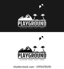 A simple and minimal playground logo with the image of people kite flying at the beach
