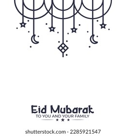 Sencillo y mínimo Ramadán Kareem, Eid Mubarak Texto Cartas de bienvenida Diseño de fondo con ornamentos de decoración islámica Icono de linterna, elegante luna creciente y estrella