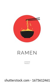 Simple minimal ramen noodles poster design with noodle and chopstick. Vector illustration