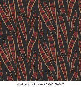Einfache, minimale rote Schlangenpflanze hinterlässt tropische nahtlose Muster. Schwarzer Hintergrund. Flaches gestreiftes Dschungelblätterblatt, moderne Textur. Stock-Vektorgrafik.