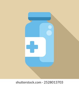 Representación simple y mínima de una botella médica azul que muestra un signo de cruz blanca con sombra larga sobre un fondo beige