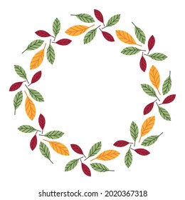 Simple minimal round wreath of autumn fallen leaves. Multicolored floral frame for greeting cards, invitations, labels. Copyspace. Element, clipart, object for graphic design.Thanksgiving decor.