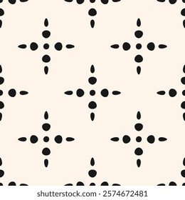 Simple minimal seamless pattern. Abstract floral geometric texture with dots, flower silhouettes, stars. Black and white ornament. Vector minimalist background. Repeated design for decor, textile