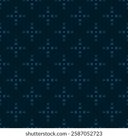 Simple minimal seamless pattern. Abstract floral geometric texture with dots, flower silhouettes, stars. Dark blue minimalist ornament. Vector modern background. Repeated design for decor, textile