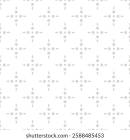 Simple minimal seamless pattern. Abstract floral geometric texture with dots, flower silhouettes, stars. Light gray and white minimalist ornament. Vector modern background. Repeated decorative design
