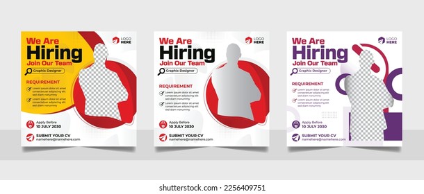 Simple minimal social media hiring marketing post. Job vacancy square flyer recruitment advertisement banner template set.