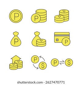 Uma moeda de estilo simples e mínimo, ponto e conjunto de ícones financeiros. Ícones relacionados a pontos, moedas, dinheiro, poupança, pagamento, cartão de crédito, câmbio, compras, banca, investimento e fintech.