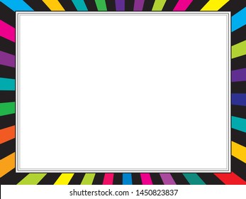 simple minimal style horizontal rectangular frame consists of multiple layers of black line border surrounded by thick black and various bright color line in radiation pattern.