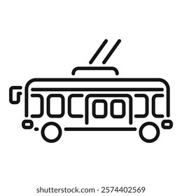 Simple and minimal trolleybus moving on a city street side view line icon, editable stroke