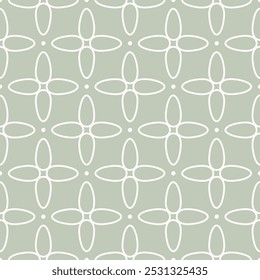 Padrão floral vetor mínimo simples. Textura de ornamento sem costura minimalista abstrata com silhuetas de flor contorno, pontos. Fundo geométrico na cor verde sábio. Design de repetição para decoração, têxtil