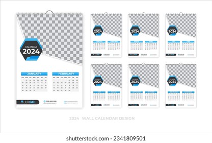 Simple and minimal wall calendar 2024 template design, 2024 planner, corporate creative calendar 2024 week starting from Monday, set of 6 calendars, printing, advertising, stationery, company office