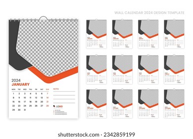 Simple and minimal wall calendar 2024 template design, 2024 planner, corporate creative calendar 2024 week starting from Monday, set of 6 calendars, printing, advertising, stationery, company office