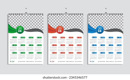 Calendario de pared simple y mínimo 2024 paquete de diseño de plantillas calendario creativo corporativo 2024 semana a partir del lunes, conjunto de 6 calendarios, impresión, publicidad, papel, oficina de la empresa