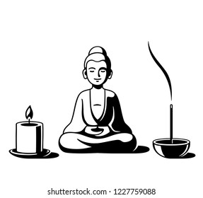 Simple minimal Zen buddhist altar. Buddha figurine, candle and incense stick. Stylish black and white vector illustration.