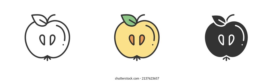Simple minimalism apple in three variations. Outline, colorful and glyph vector flat illustration