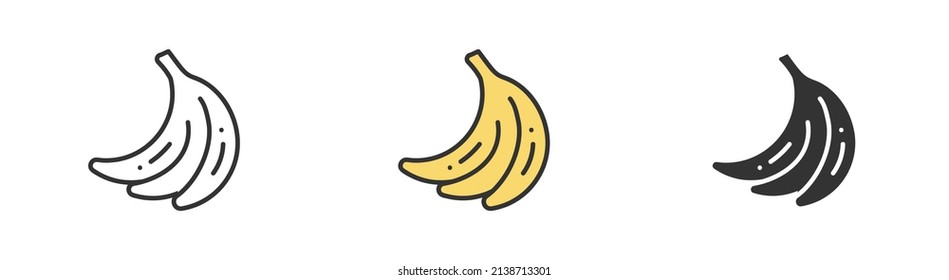 Simple minimalism banana in three variations. Outline, colorful and glyph vector flat illustration