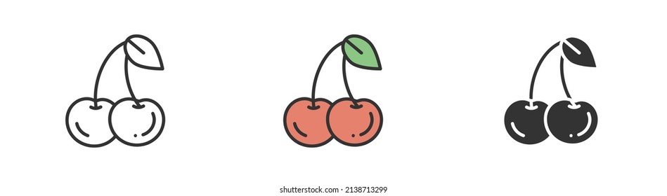 Simple minimalism cherry in three variations. Outline, colorful and glyph vector flat illustration