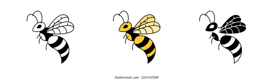 Simple minimalism icon insect bee or wasp in three variations. Side view. Outline, colorful and silhouette vector flat illustration