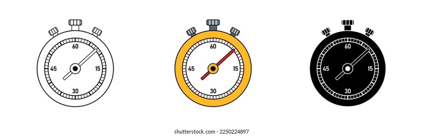 Simple minimalism icons of sport stopwatch. Linear, colourful and silhouette vector illustration in flat style
