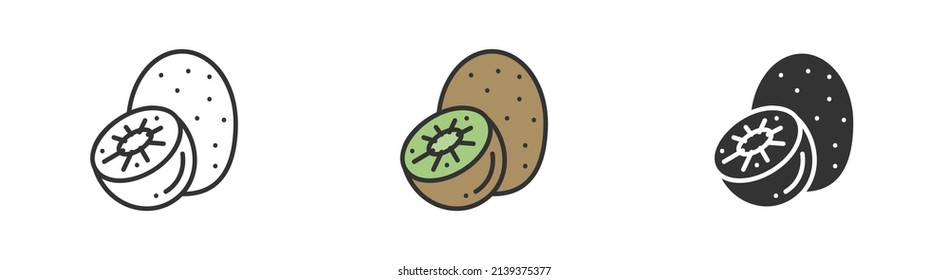 Simple minimalism kiwi in three variations. Outline, colorful and glyph vector flat illustration