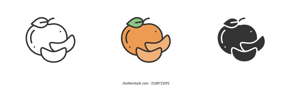 Simple minimalism tangerine in three variations. Outline, colorful and glyph vector flat illustration