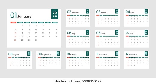 Simple minimalist 2024 new year calendar template. Monthly calendar template for 2024schedule month calender. Week starts from sunday