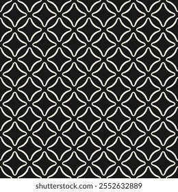 Simple minimalist abstract geometric seamless pattern. Black and white vector texture with small rounded shapes in regular grid, diamonds, rhombuses. Monochrome geo background. Dark repeating design