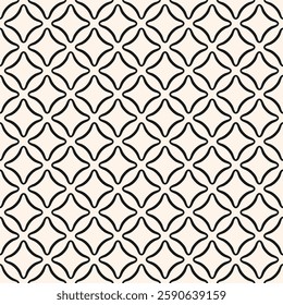 Simple minimalist abstract geometric seamless pattern. Black and white vector texture with small rounded shapes in regular grid, diamonds, rhombuses. Monochrome geo background. Repeatable design 