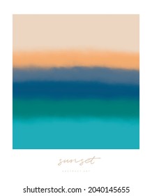 Simple Minimalist Abstract Vector Print. Abstract Sunset made of Blue, Orange and Beige Blurry Stripes on a White Background. Creative Hand Drawn Digital Modern Art ideal for Wall Art, Poster, Card.
